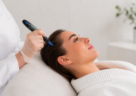 Woman receiving a scalp microneedling treatment with a Dr Pen A20 microneedling device in a clean clinical spa setting, while lying relaxed on a treatment bed wearing a white robe.