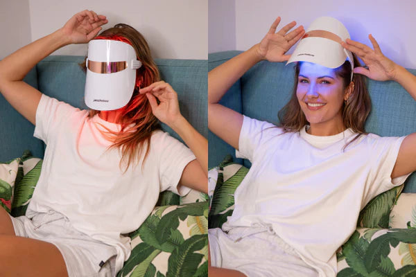 A happy lady wearing Peachaboo Glo LED Light Therapy Mask