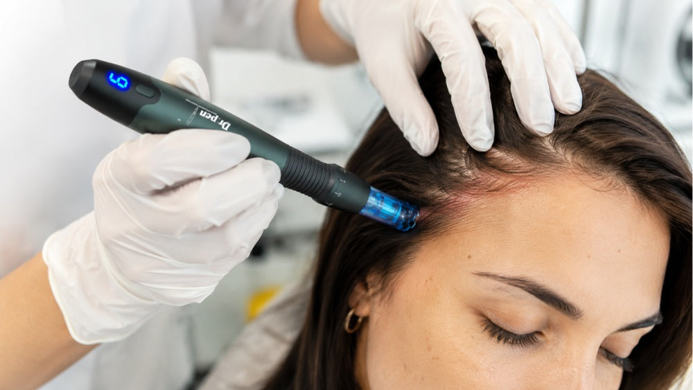 Close up to a professional performing scalp microneedling treatment with Dr. Pen device near hairline to support hair loss recovery
