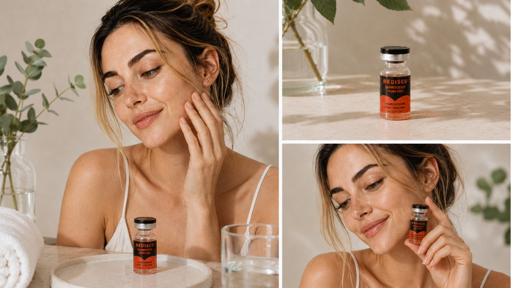 Woman with glowing post-microneedling skin posing beside MEDISCO Skinbooster PDRN EXO ampoule in a warm, spa-inspired skincare setting, highlighting hydration, skin recovery, and soothing microneedling aftercare.