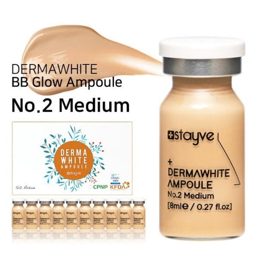 Stayve BB Glow Dermawhite Ampoule - No 2 Medium with packaging and swatch on a white background