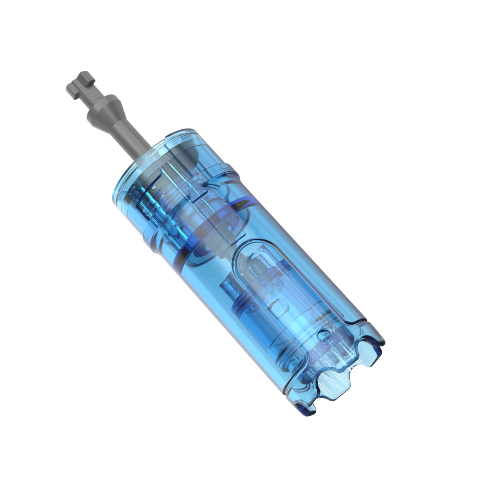 Angled view of a Dr. Pen M9 36-pin microneedling cartridge with clear blue casing, visible internal needle mechanism