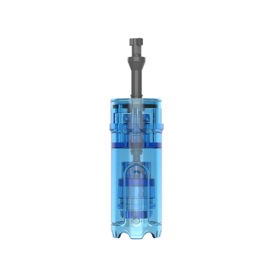Front view of a Dr. Pen M9 36-pin microneedling cartridge with clear blue casing, visible internal needle mechanism