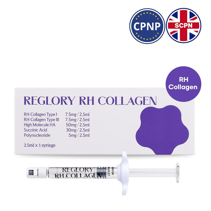Reglory RH COLLAGEN Skin Revitalizer packaging and syringe shown with CPNP and SCPN certification icons.