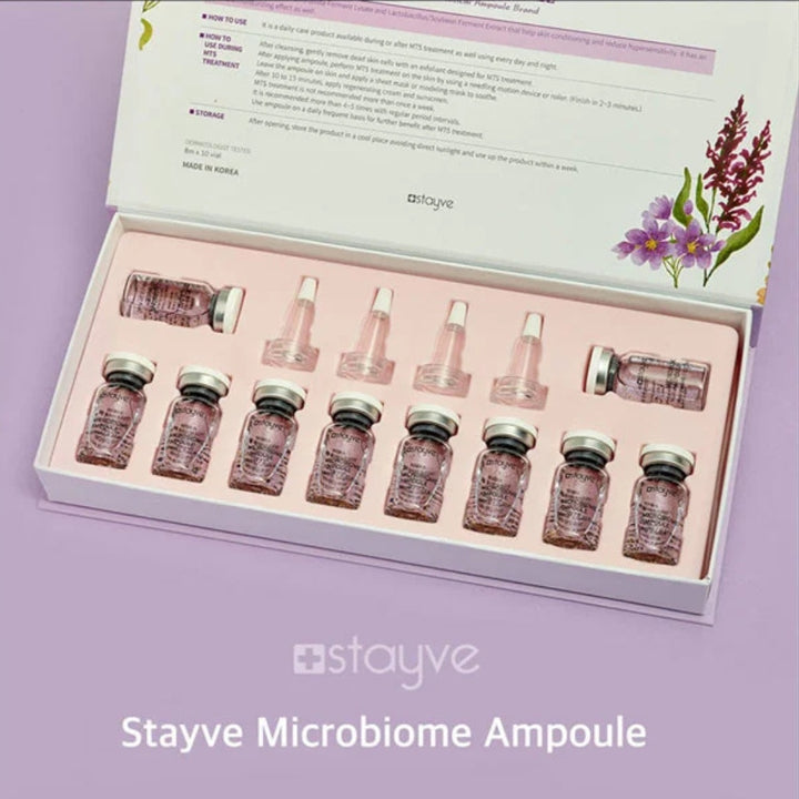 Stayve Microbiome Ampoule packaging box opened with ampoules and applicators displayed  on a lilac background