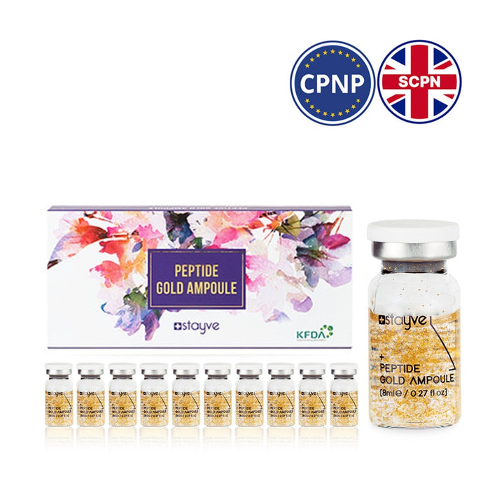 Stayve Peptide Gold Ampoule packaging with ampoules on a white background with CPNP & SCPN logo