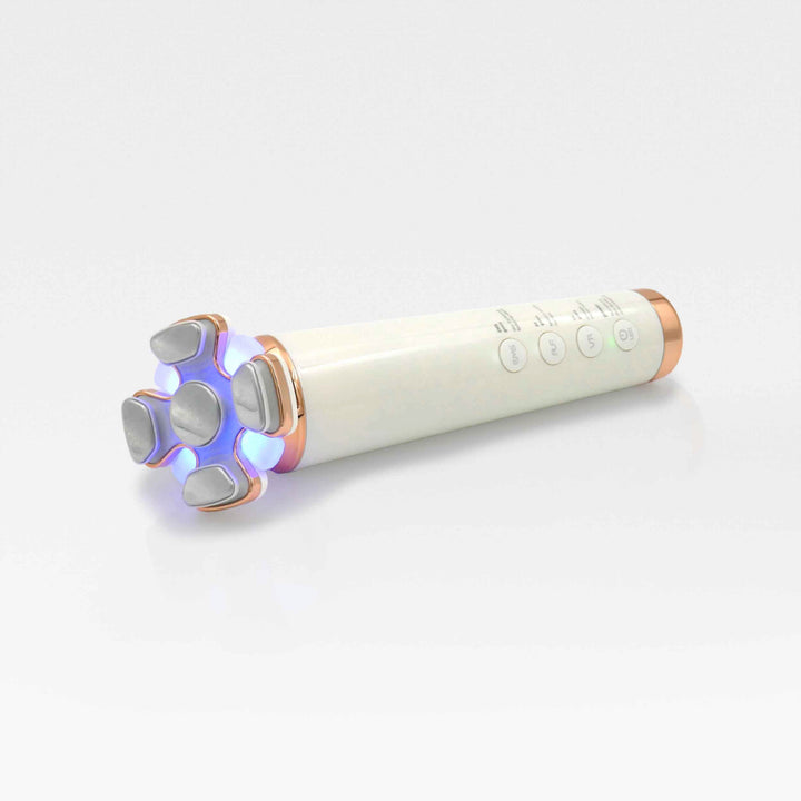 A sleek white and gold skincare device featuring a glowing blue LED light, designed for skin tightening and contouring.