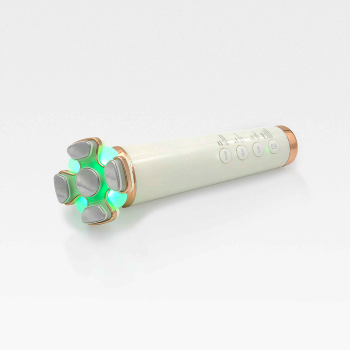 A sleek white and green skincare device featuring a glowing green LED light, designed for skin tightening and contouring.