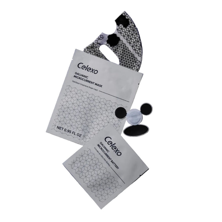 Celexo Galvanic Microcurrent Mask set including graphene facial mask, disposable battery pack, and skincare packaging