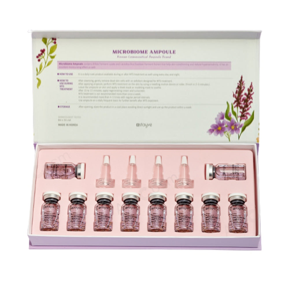 Stayve Microbiome Ampoule packaging opened box showing applicators and vials in the box