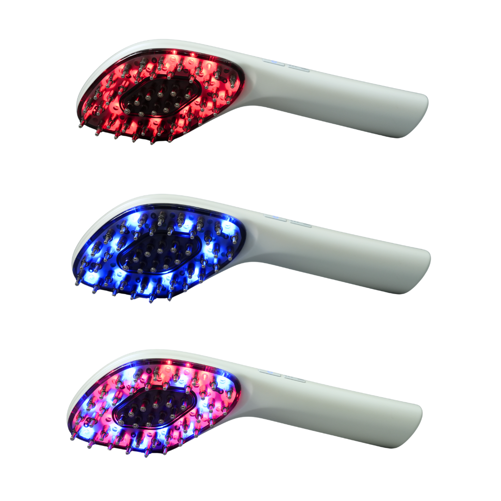 3 Reboot Scalp Rejuvenator LED Combs with red, blue, and both lights on