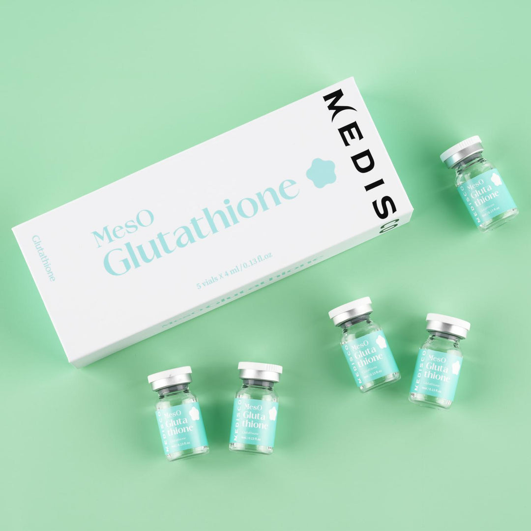 Medisco MesO Glutathione Ampoule vials displayed beside the product box on a mint surface.