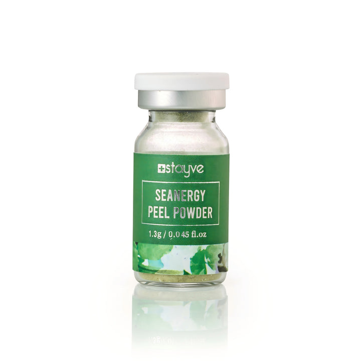 Stayve Seanergy Peel Powder vial shown with green label and white cap.