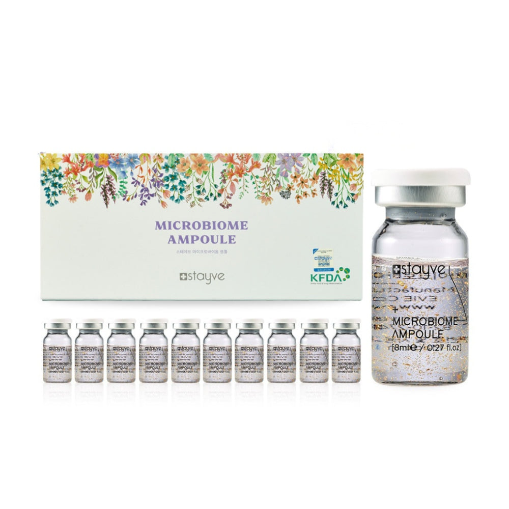 Stayve Microbiome Ampoule packaging box with ampoule vials displayed  on a white background