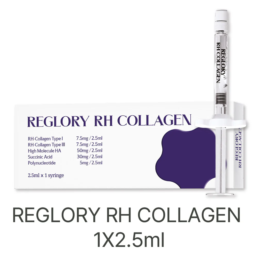Reglory RH COLLAGEN Skin Revitalizer packaging with ingredient list and syringe positioned vertically beside it