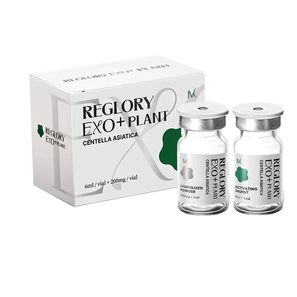Reglory EXO⁺ PLANT Exosome Cica Skin Booster boxed set with lyophilized powder and activating diluent.