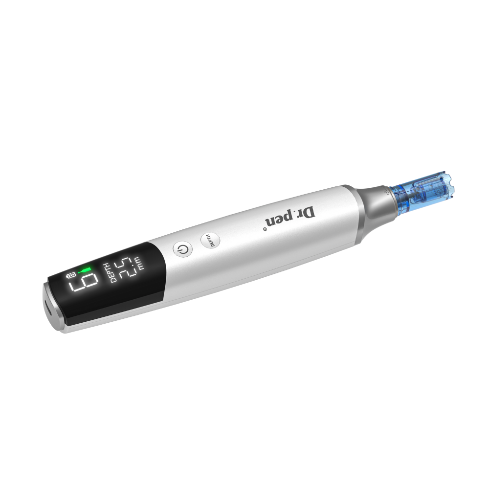 Angled Dr. Pen M9 Microneedling Pen with digital screen for depth and speed