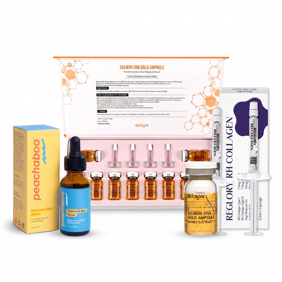 Anti-ageing skin needling serum bundle with various serums which are Peachaboo Hyaluronic Acid Serum, Reglory.  RH COLLAGEN - Collagen Types I & III Skin Revitalizer, Stayve Salmon DNA Gold Ampoule (8ml x 10 vials).