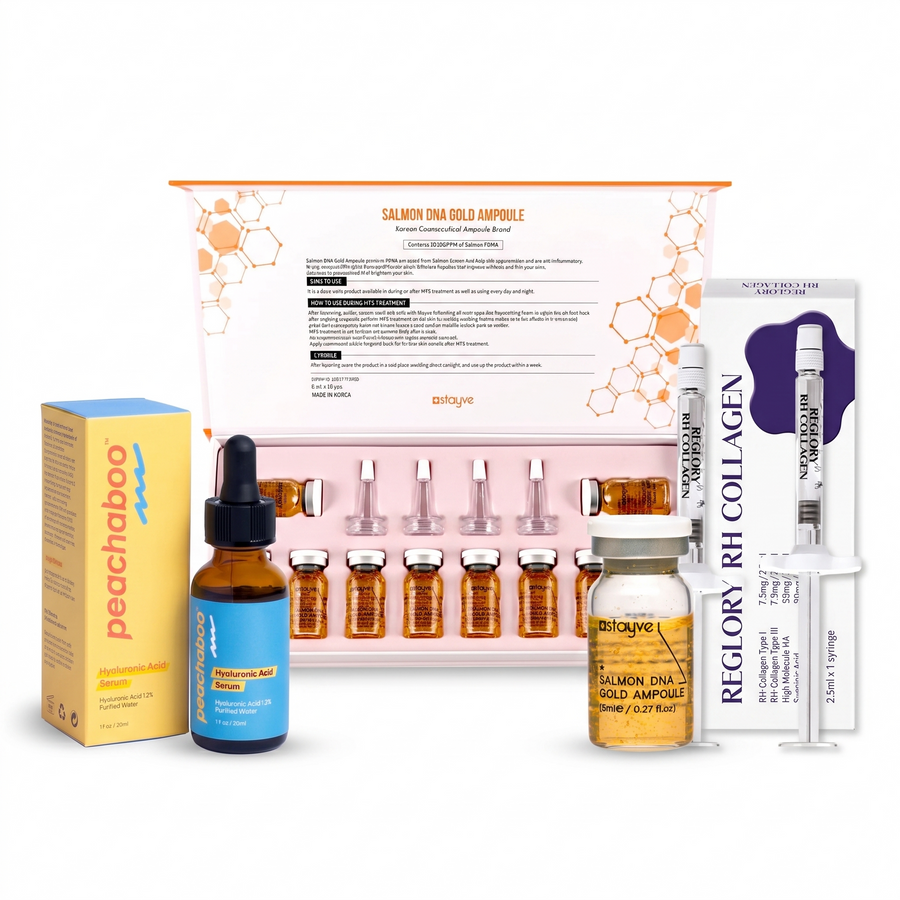 Anti-ageing skin needling serum bundle with various serums which are Peachaboo Hyaluronic Acid Serum, Reglory.  RH COLLAGEN - Collagen Types I & III Skin Revitalizer, Stayve Salmon DNA Gold Ampoule (8ml x 10 vials).