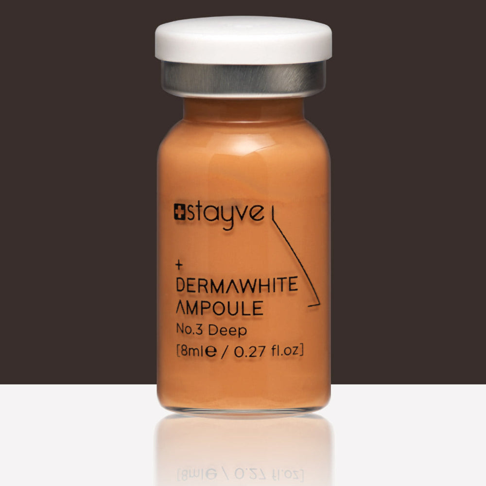 Close up to Stayve Dermawhite Ampoule no3 deep bottle on a dark background