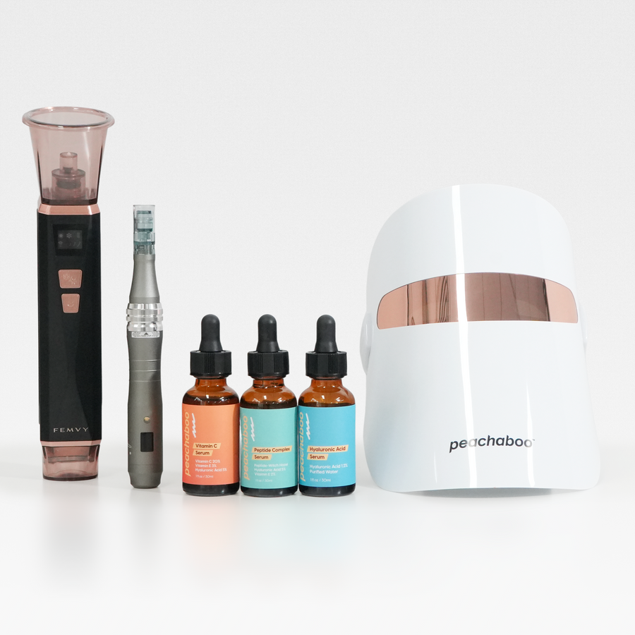 A collection of best-selling products: a  Therapy face mask, blackhead vaccum remover, and  3 facial anti-ageing serums and Dr. Pen M8 Microneedling Pen for Skinvestment Kit.