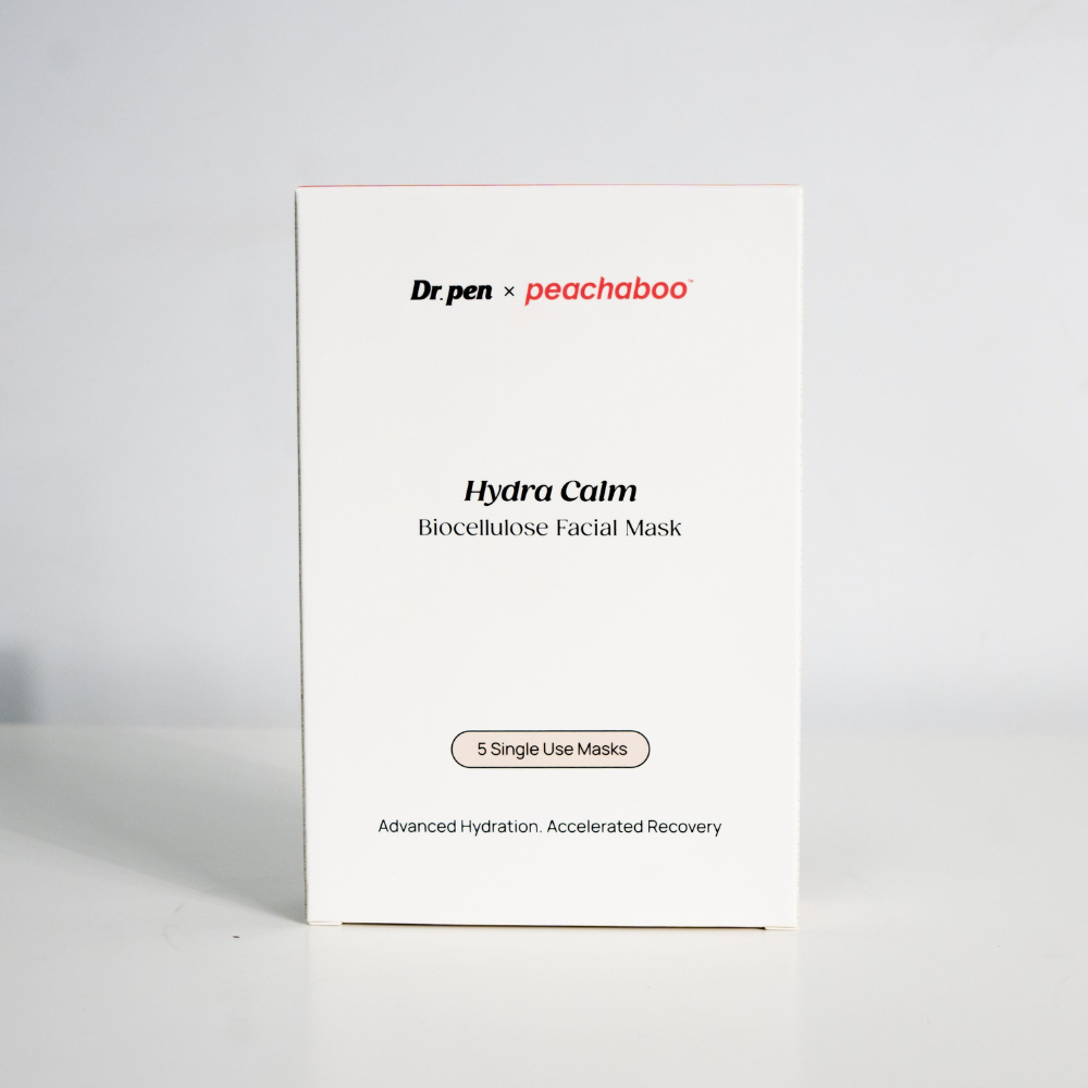 Front view of Dr. Pen x Peachaboo Hydra Calm Biocellulose Facial Mask box containing five single-use masks, designed for advanced hydration and accelerated recovery.