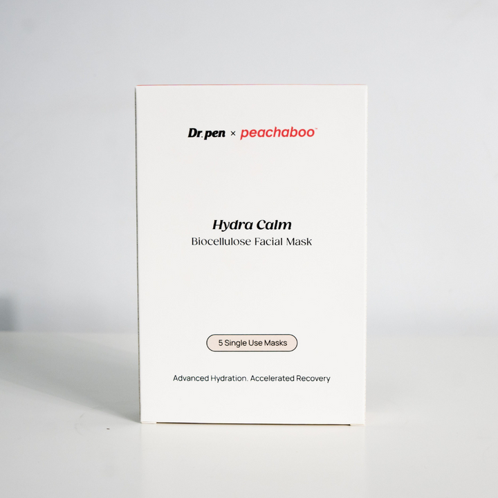 Front view of Dr. Pen x Peachaboo Hydra Calm Biocellulose Facial Mask box containing five single-use masks, designed for advanced hydration and accelerated recovery.