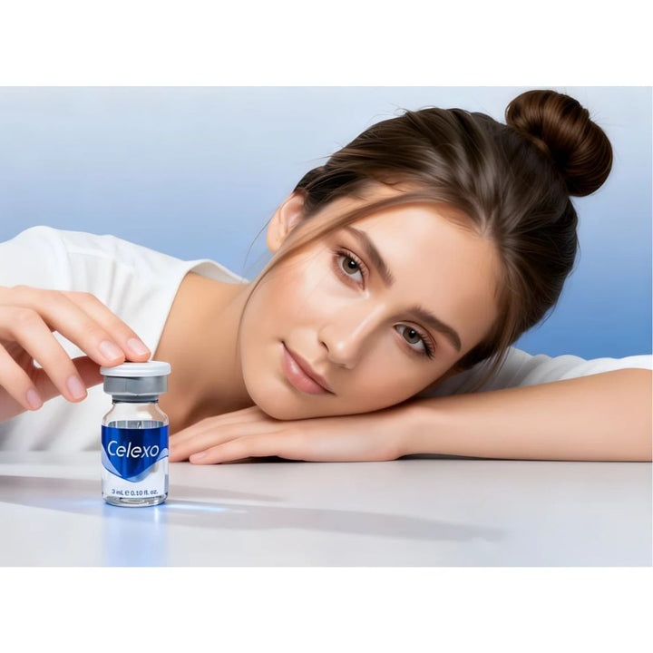Woman resting beside a Celexo Professional Cica Exosome Booster vial, showcasing the professional Cica Exosome Booster for acne, skin barrier repair, and post-treatment recovery.