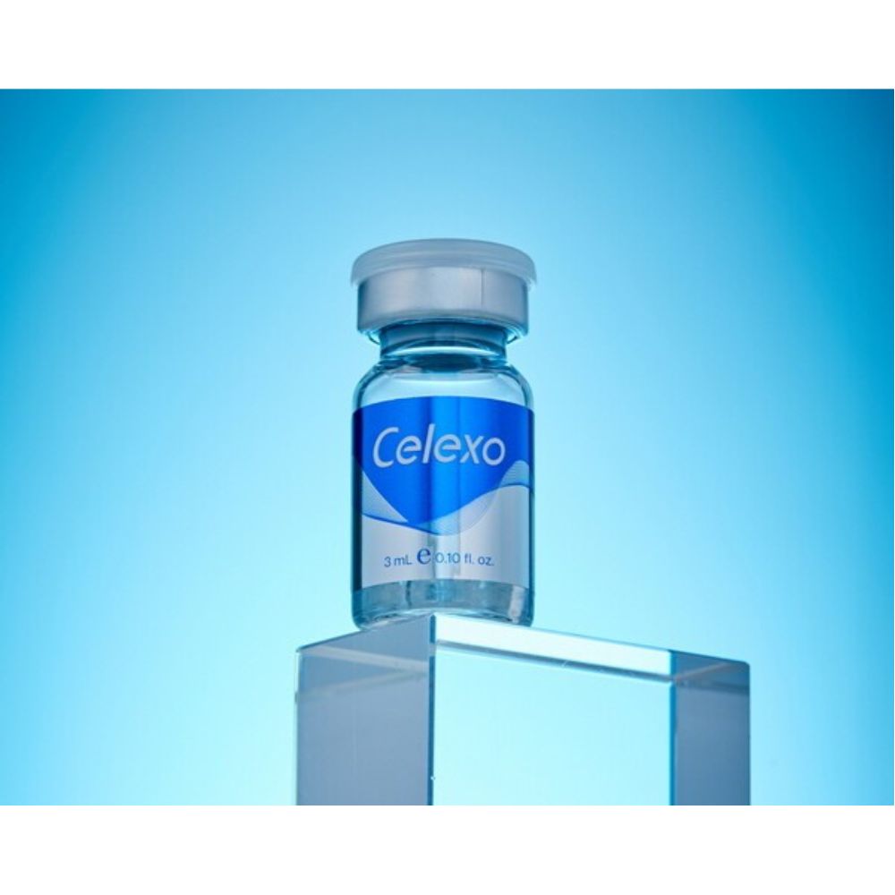 Celexo Professional Cica Exosome Booster vial on a reflective surface with a blue gradient background