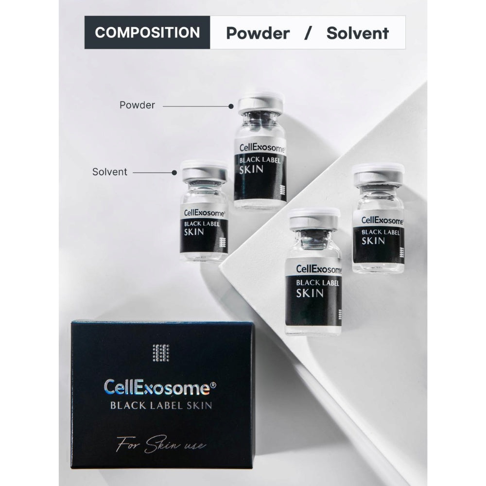 CellExosome BLACK LABEL Skin packaging with lyophilised powder and solvent vials displayed with the product box, showcasing the professional exosome skin treatment composition.