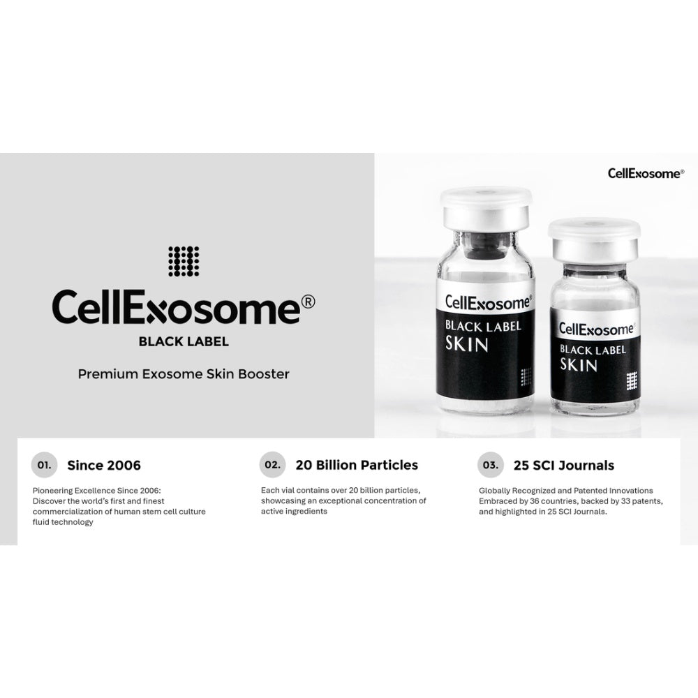 CellExosome BLACK LABEL Premium Exosome Skin Booster packaging with two skin treatment vials, highlighting 20 billion particles, stem cell culture fluid technology, and globally recognised scientific innovation.