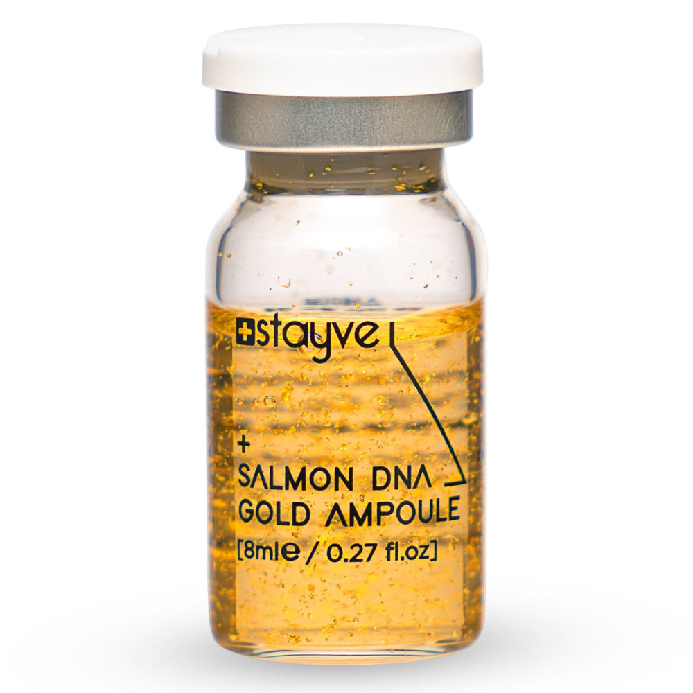 Close-up of Stayve Salmon DNA Gold Ampoule vial with gold  
