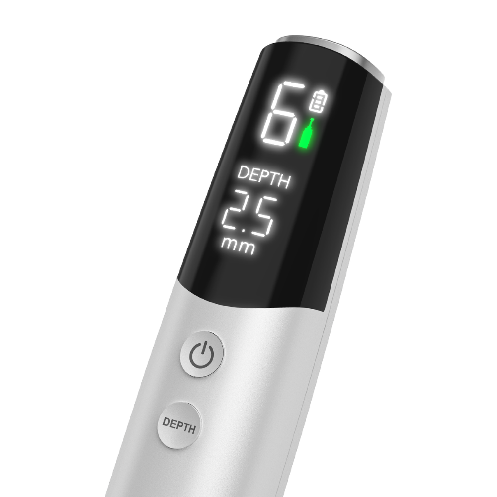 Dr. Pen M9 Microneedling Pen with digital screen displaying depth, batteries, speed measurements