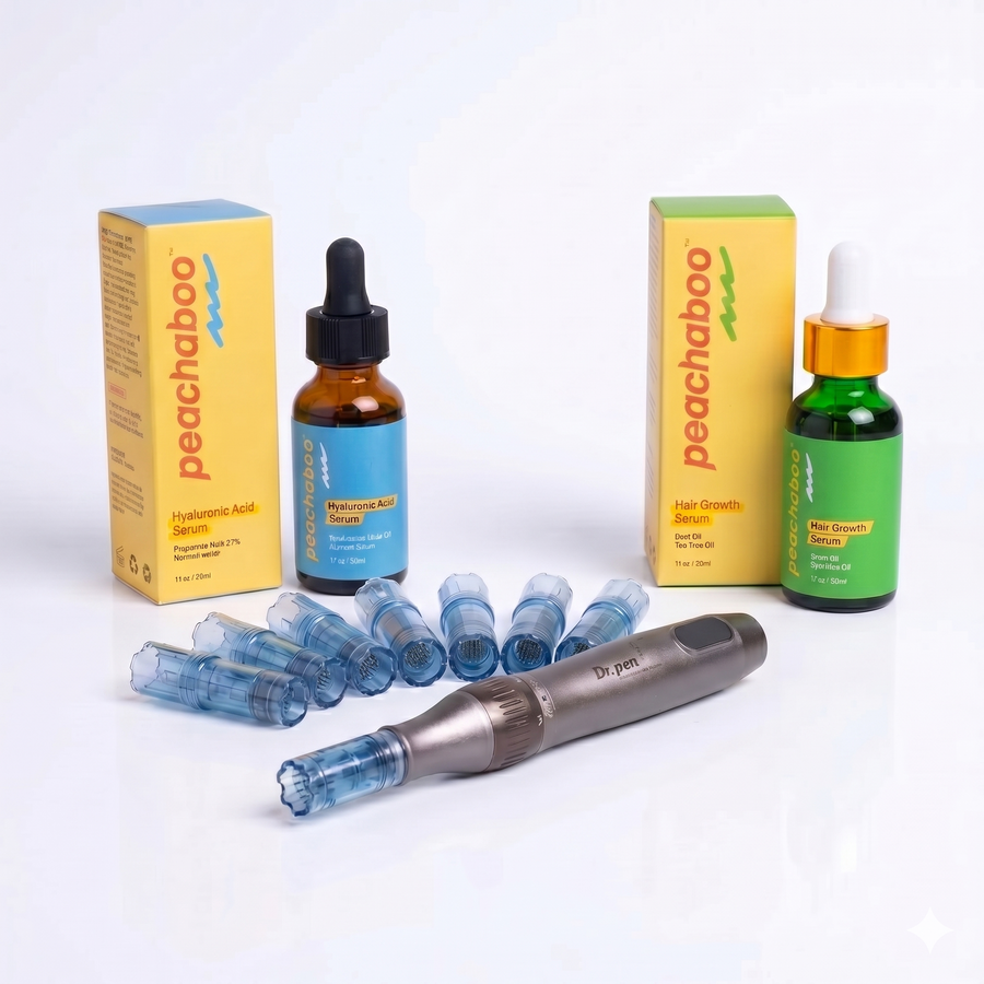 Includes Dr. Pen M8S Microneedling Pen, 24 and 36 cartridges, Peachaboo Hyaluronic Acid Serum 30ml, Peachaboo Hair Growth Serum 30ml. 