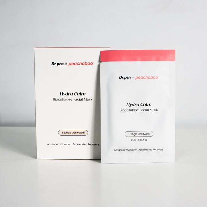 Dr. Pen x Peachaboo Hydra Calm Biocellulose Facial Mask packaging showing the outer box and one individual sachet