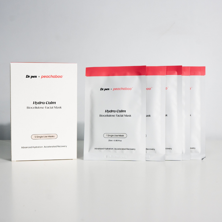 Dr. Pen x Peachaboo Hydra Calm Biocellulose Facial Mask full set displayed with the outer box and five individual sachets arranged beside it.