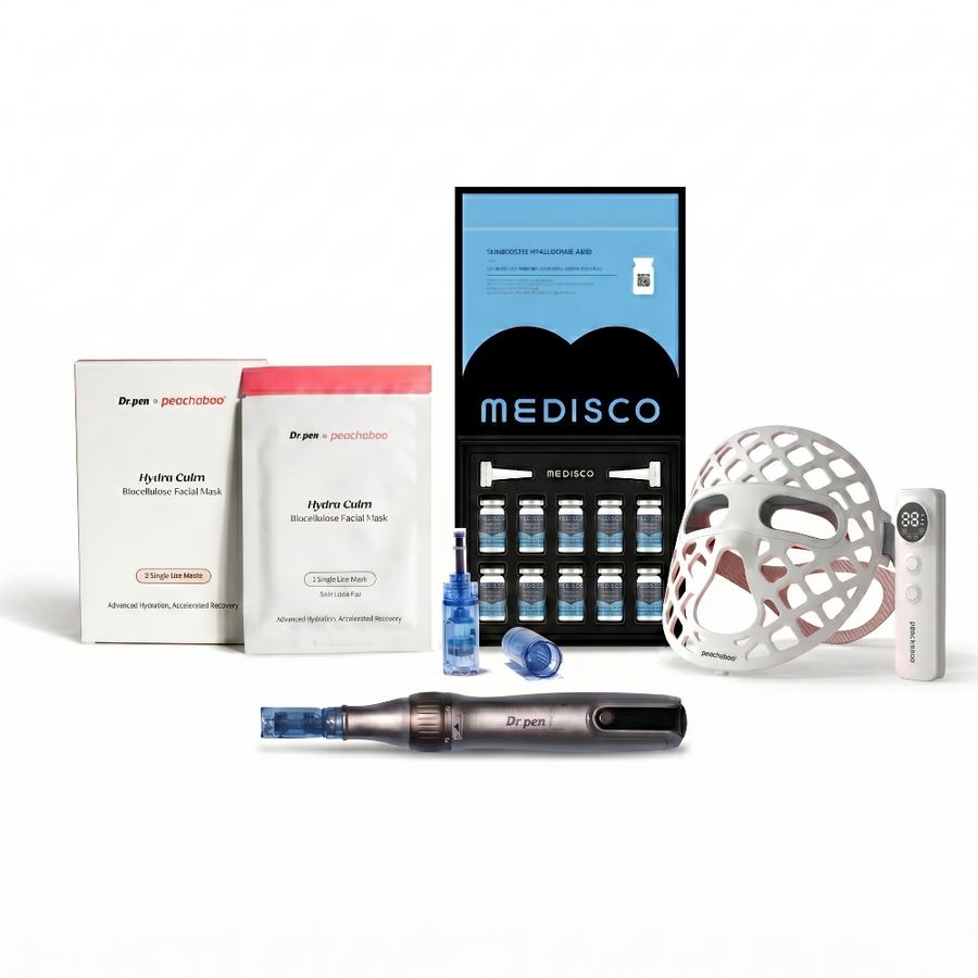 Featuring the Dr. Pen M8S microneedling pen with 18-pin cartridges for gentle skin renewal, Medisco Skinbooster Hyaluronic Acid – Intense Hydration Formula for deep and long-lasting moisture, Dr. Pen x Peachaboo Hydra Calm Biocellulose Mask to soothe and replenish the skin after treatment, and the Peachaboo Glo Aurora Silicone LED Light Therapy Mask to support skin recovery and enhance overall radiance.