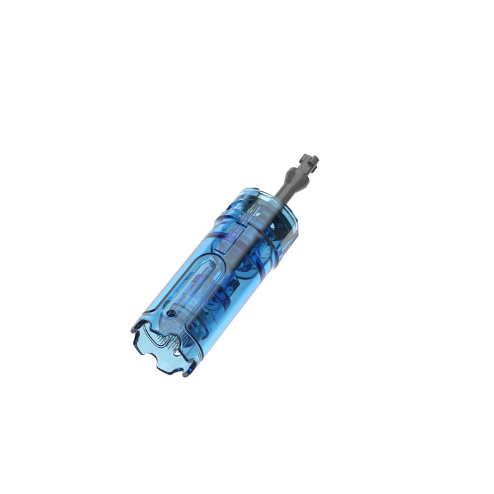 Angled view of a Dr. Pen M8 Max 36-pin microneedling cartridge with a clear blue plastic body and metal needle tip.