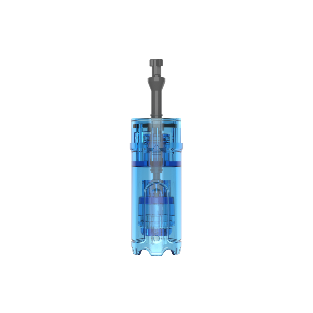 Close-up of a M8 Max 36-pin microneedling cartridge with clear blue casing and protruding needle tip