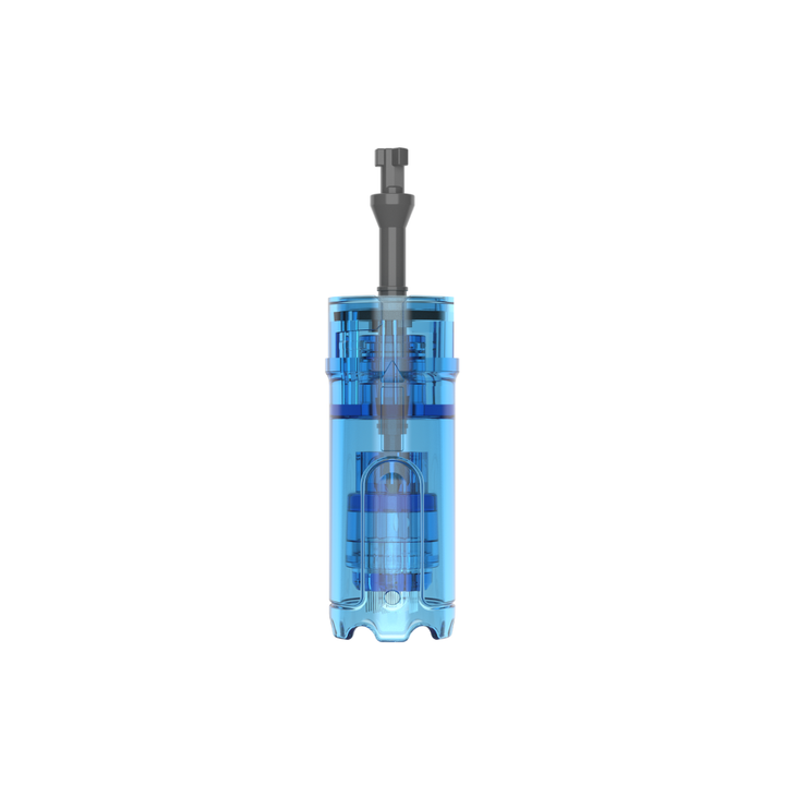 Close-up of a M8 Max 36-pin microneedling cartridge with clear blue casing and protruding needle tip
