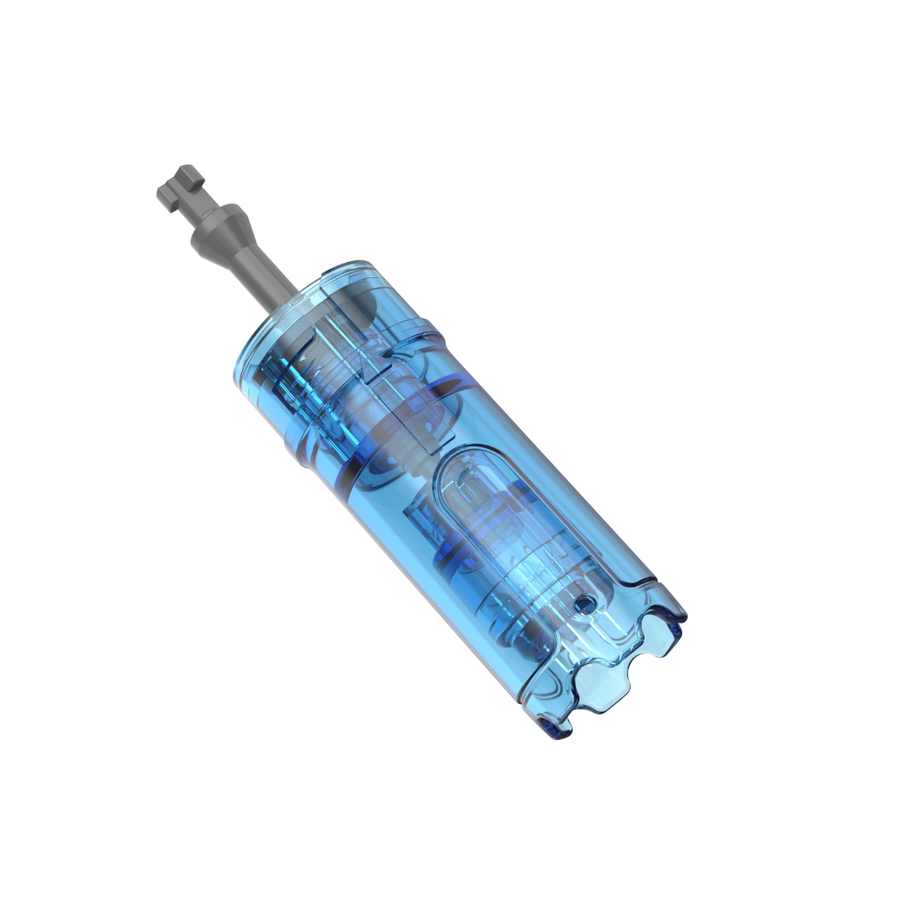 Angled view of a Dr. Pen M8 Max 36-pin microneedling cartridge with clear blue casing, visible internal needle mechanism