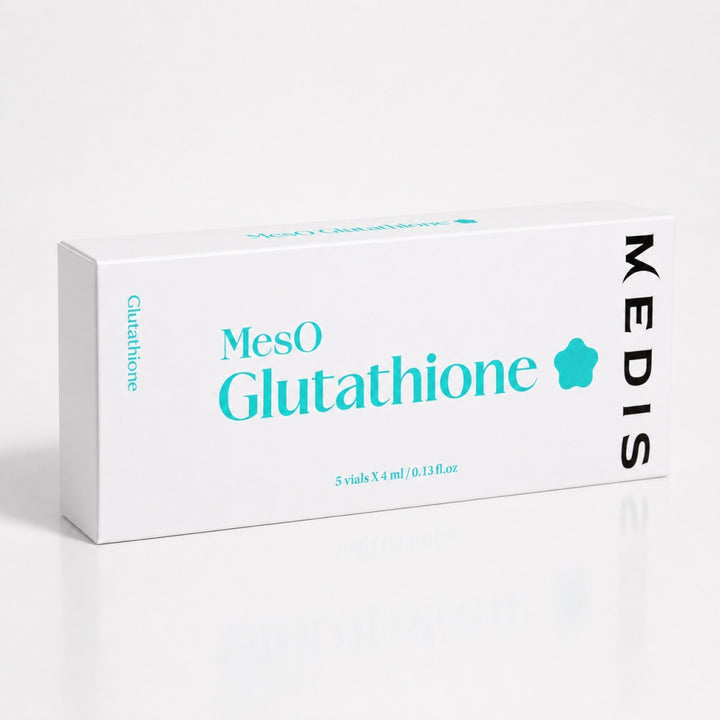 Angled view of Medisco MesO Glutathione 5-vial box packaging in white and teal