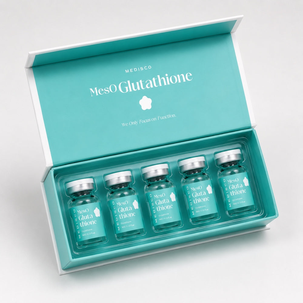 Open Medisco MesO Glutathione box showing five skincare vials in teal tray