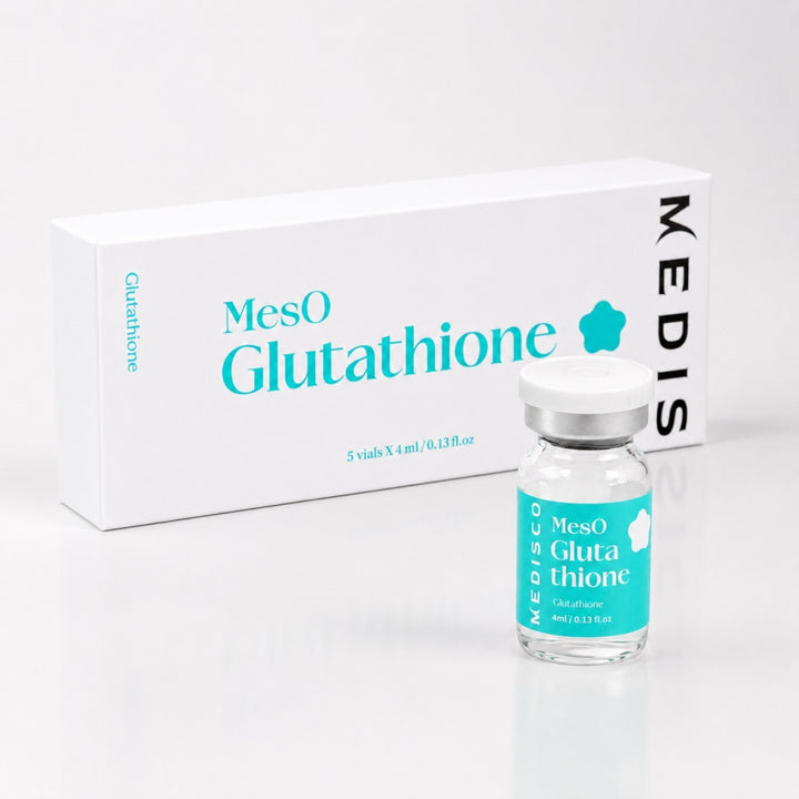 Medisco MesO Glutathione vial displayed in front of matching white and teal box packaging