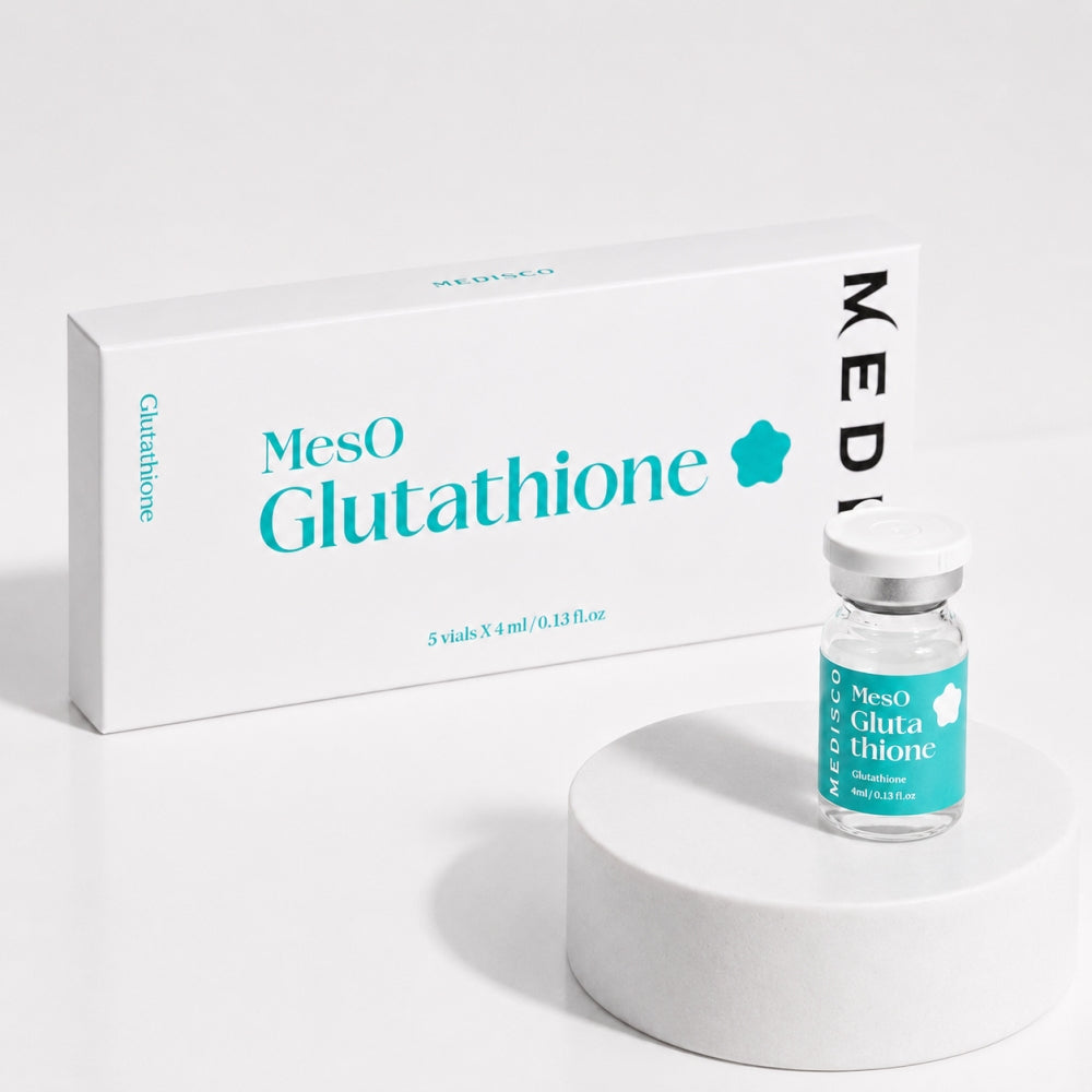 Medisco MesO Glutathione vial displayed with white box packaging on a round product stand