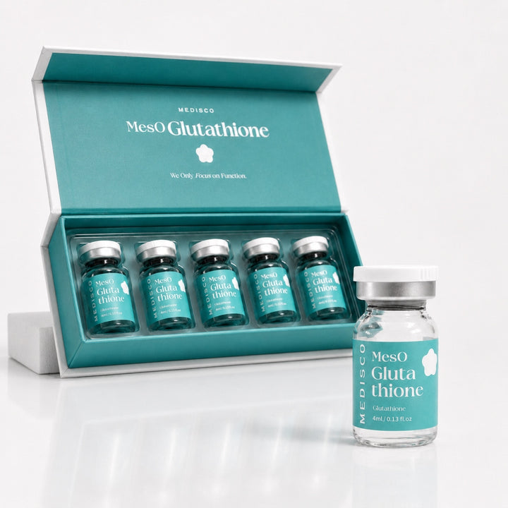 Open Medisco MesO Glutathione box with five 4 ml vials and one vial displayed in front
