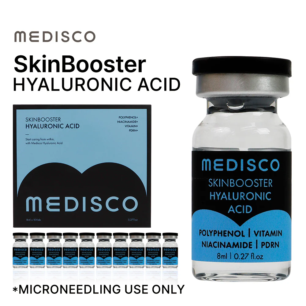 Medisco SkinBooster Hyaluronic Acid product packaging and vials displayed, on a white background - microneedling use only