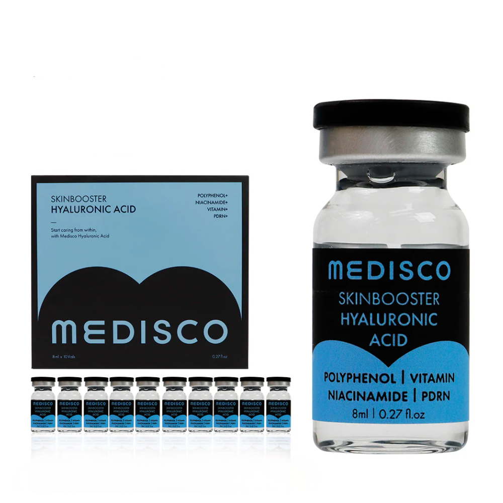 Medisco SkinBooster Hyaluronic Acid product packaging and vials displayed, on a white background