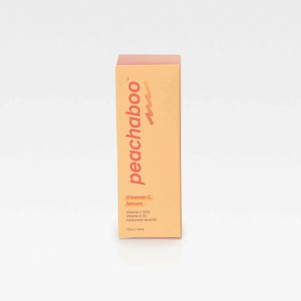 Peachaboo Vitamin C Serum displayed in a stylish bottle, emphasizing its refreshing peach color and skincare benefits.