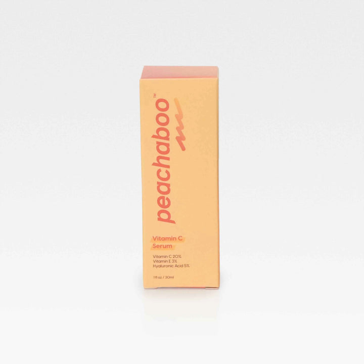 Peachaboo Vitamin C Serum displayed in a stylish bottle, emphasizing its refreshing peach color and skincare benefits.